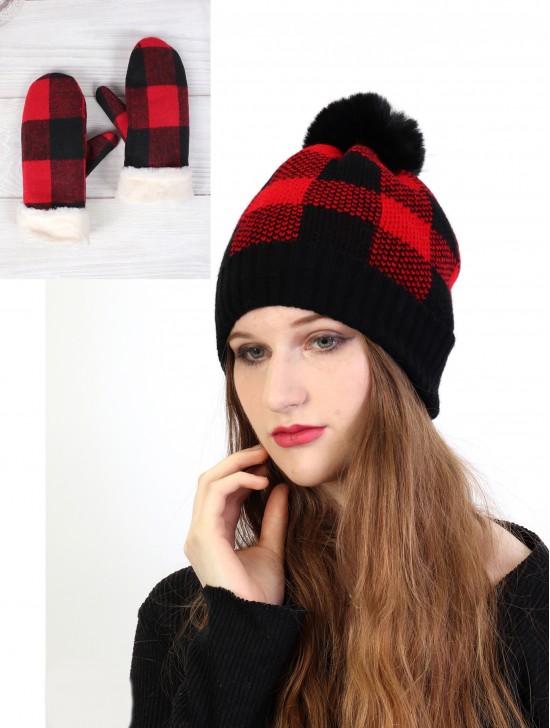 Knitted Checker Hat and Glove Set